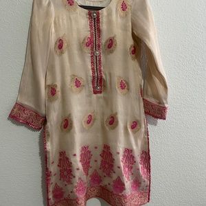Cream Silk woven dress with pink imprinting